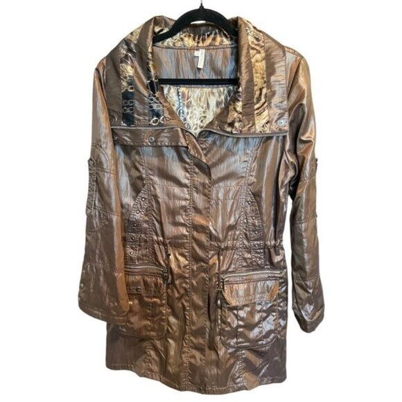 Vintage Y2K Metallic Brown Animal Print Lined Jacket Womens Medium Zip Snap Coat - Picture 1 of 16